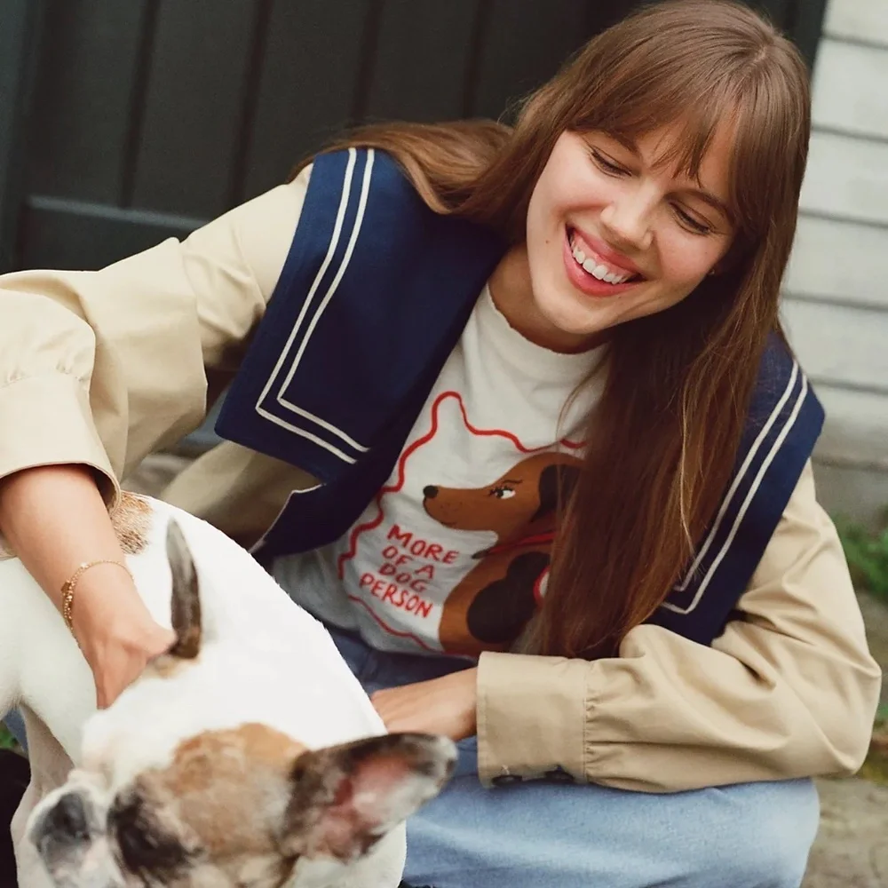Anthropologie T-shirt Dog Graphic Tee Maeve x Tulastra Ivory Short-Sleeve Boxy - Picture 9 of 9